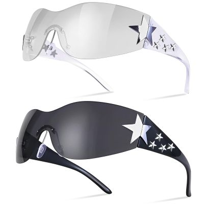 Dexspoeny Y2K Sunglasses for Women - 2Pcs Star Rimless Shield Wrap Around, 2000s Trendy Aesthetic Glasses Shades