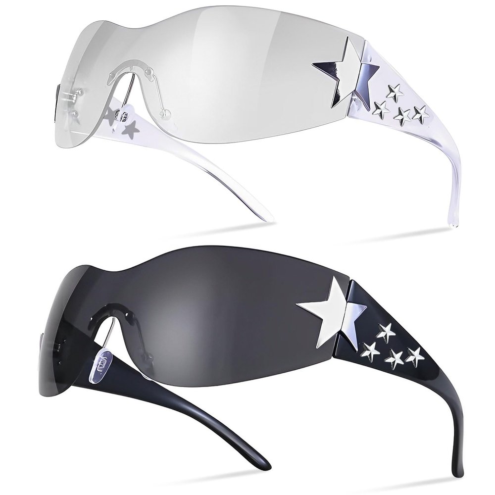 Dexspoeny Y2K Sunglasses for Women - 2Pcs Star Rimless Shield Wrap Around, 2000s Trendy Aesthetic Glasses Shades