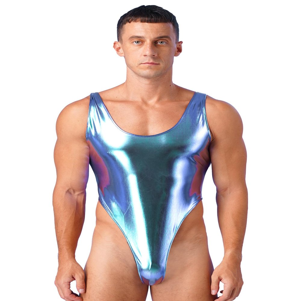 Agoky Men's Metallic Bodysuits Shiny Leotard One Piece Sleeveless Tank Tops Bikini Thongs Swimsuits Colorful X-Large