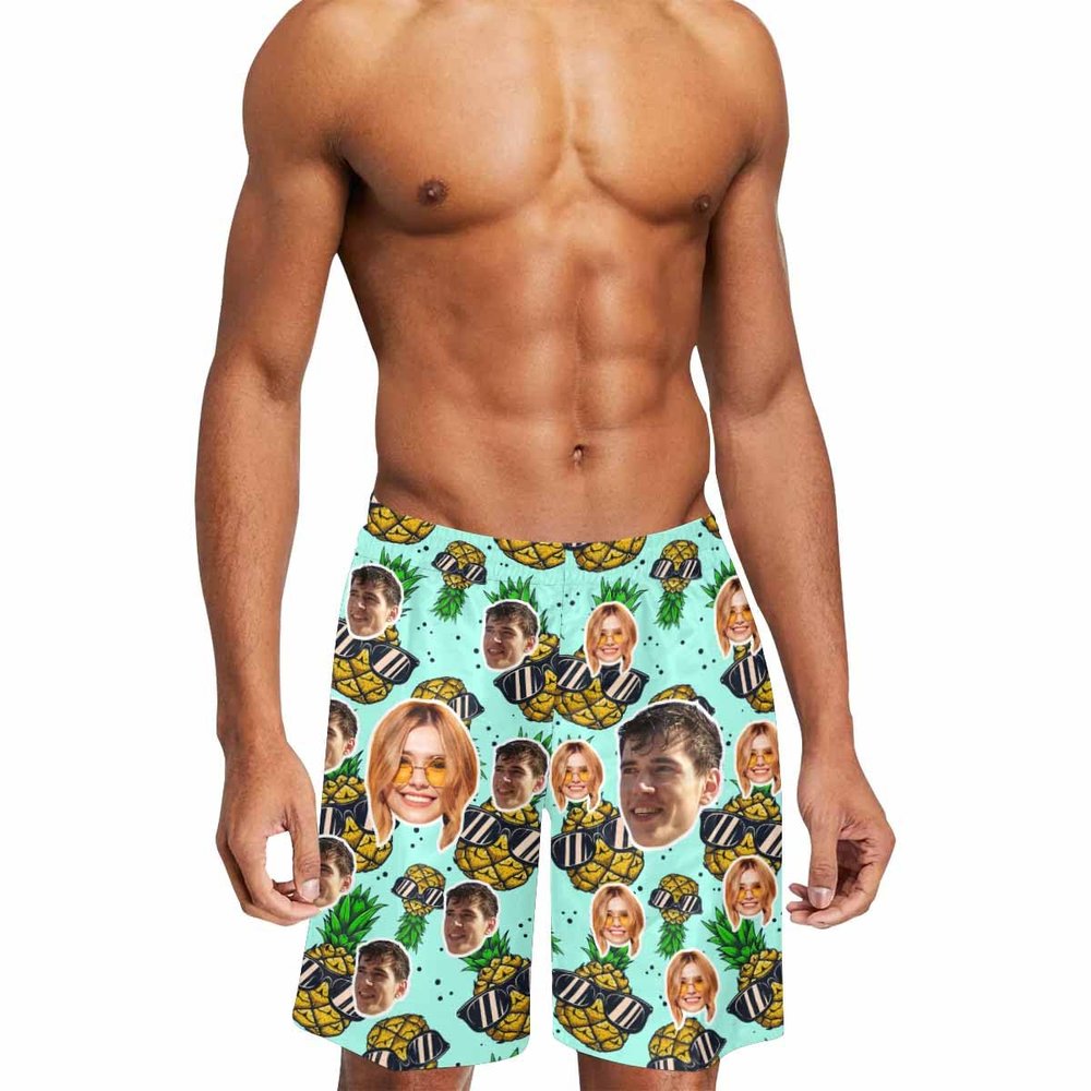 Custom Mens Swim Trunks Personalized Swim Trunks with Face Photo, Tropical Pineapple Print Beach Board Shorts Quick Dry Swimsuits Customized Funny Surfing Shorts Gifts for Dad Husband BF