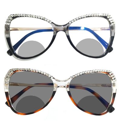 2pcs Transition Photochromic Bifocal Reading Glasses for Women Cat Eye Bling Rhinestone Reading Glasses (2PCS-black&leopard, 1, multiplier_x)