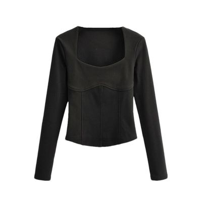 Women's Tops Square Neck Long Sleeve Fleece Shirt Black S