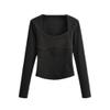 Women's Tops Square Neck Long Sleeve Fleece Shirt Black S view 1