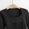 Women's Tops Square Neck Long Sleeve Fleece Shirt Black S view 2