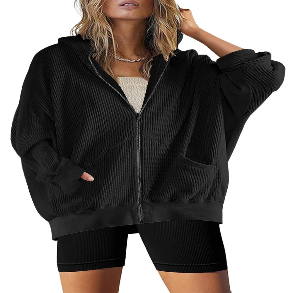 Womens Oversized Waffle Knit Tops Zip Up Hoodies Shirt Jacket Y2K Clothes Teen Girl Fall Casual Shackets with Pockets