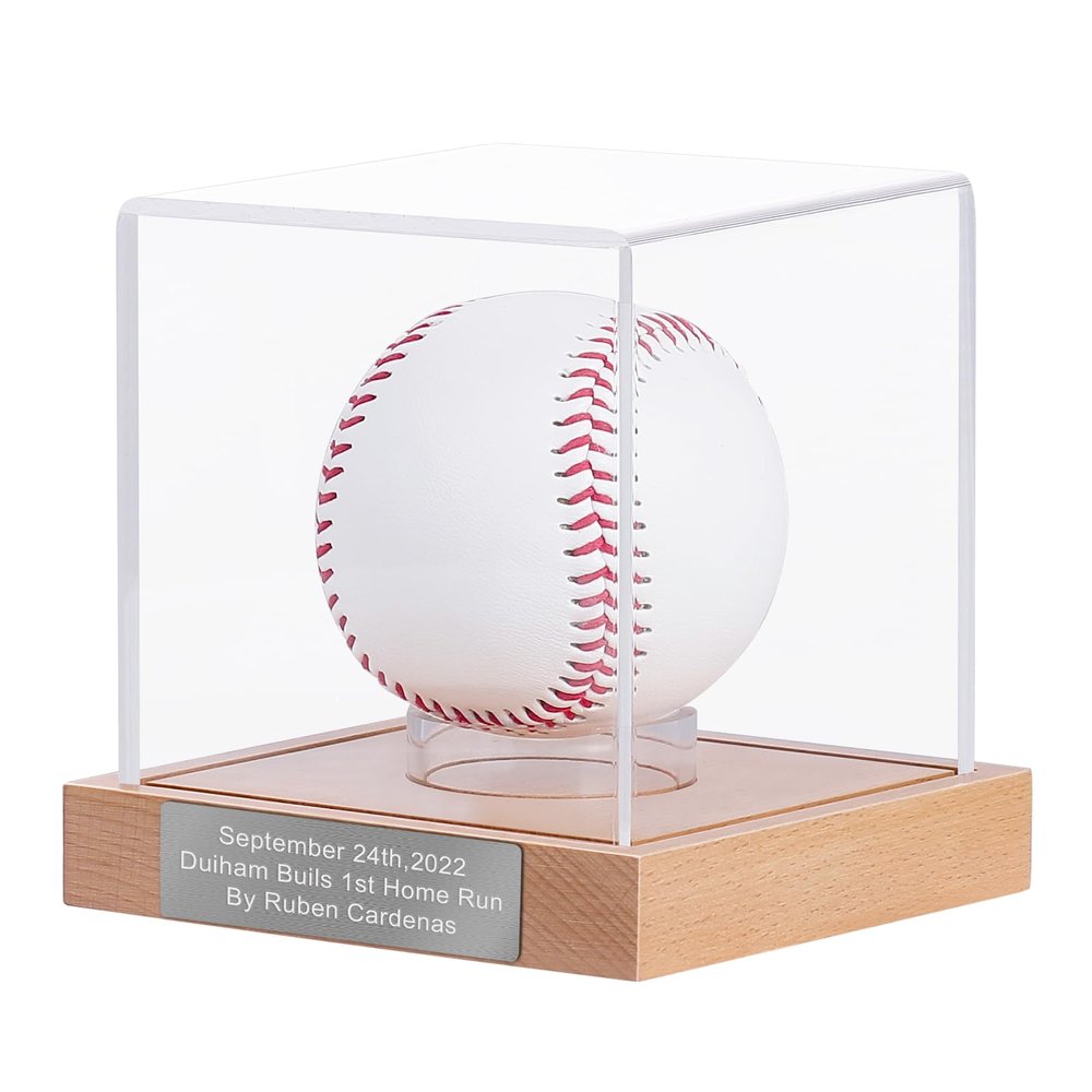 Baseball Display Case with Engraving, UV Protected Acrylic Storage Box, Wood Stand (Beech Wood, Silver-Engraving)