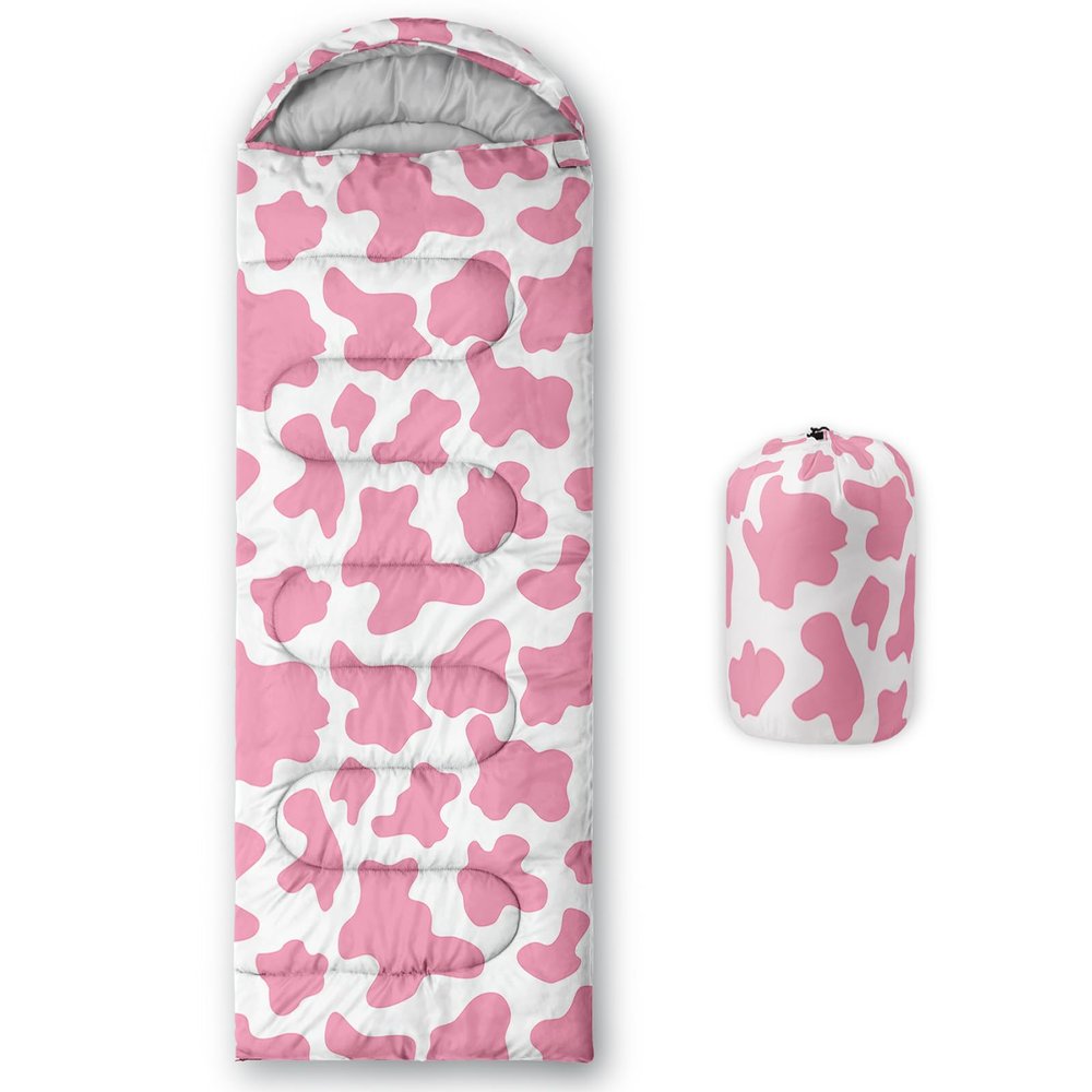 Axolotl Cow Print Sleeping Bag for KidsLightweight Warm Cold Weather Cartoon Milk Cow Print Sleeping Bags,Waterproof Portable Cow Sleeping Bag for Camping Backpacking Outdoor Indoor 3-4 Seasons,Pink