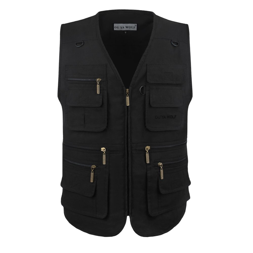 OU YA WOLF Men's Lightweight Utility Casual Travel Fishing Safari Multi Pocket Outdoor Vest XX-Large Black