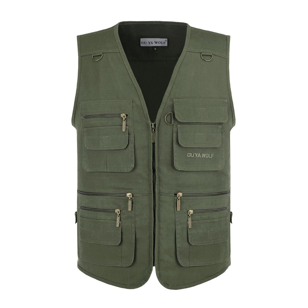 OU YA WOLF Men's Outdoor Multi Pockets Cargo Travel Camera Fishing Safari Utility Vests 3X-Large Green