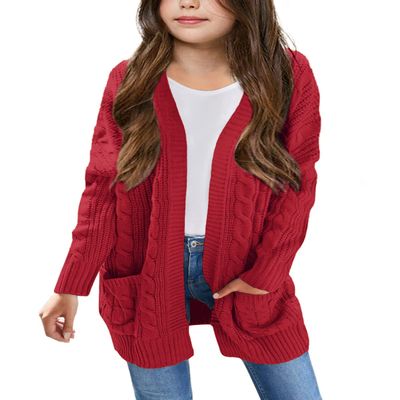 Arshiner Big Girls Thick Knit Open Front Cardigan Holiday Long Sleeve Drop Shoulder Oversized Fall Coats Red