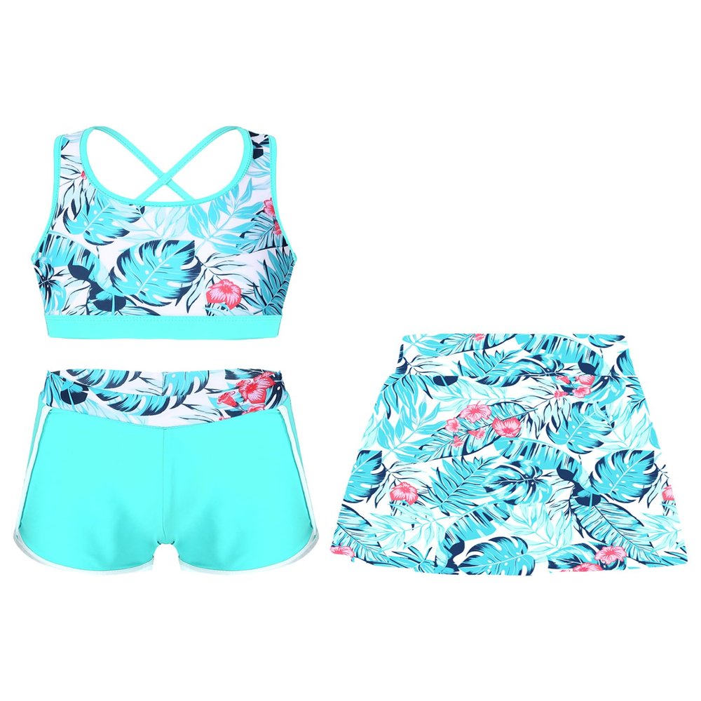 Manyakai Junior Girls Printed Crop Tank Top with Shorts Skirts 3 Pcs Set Seaside Rash Guard Swimsuit Leaf 16 Years