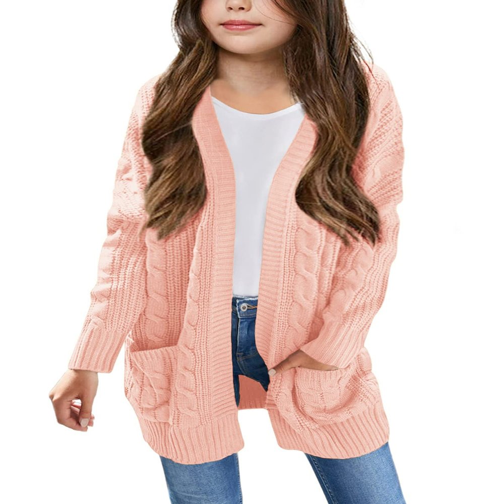 Arshiner Girls Pink Cardigans Warm Long Sleeve Chunky Knit Sweater Cute Open Front Solid Cotton Outerwears with Pockets