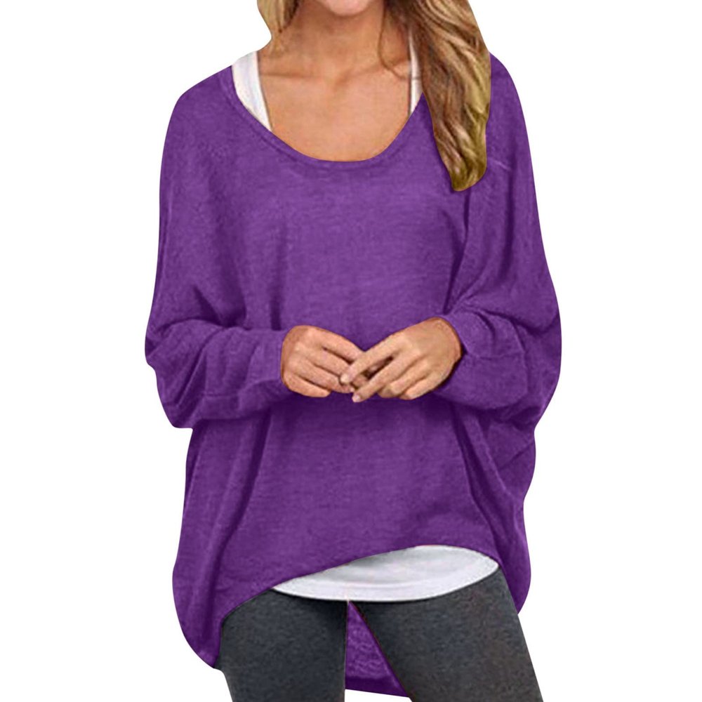 Off Shoulder Batwing Sleeve Blouse for Women Oversized Baggy T-Shirt Casual Loose Sweater Pullover Knitted Top Shirts Purple