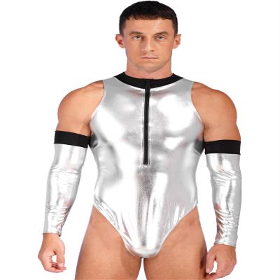 Eandarui Mens Astronaut Costume Space Suit Shiny Bodysuit Jumpsuit Cosplay Dress Up Outfit Clubwear Silver 3X-Large