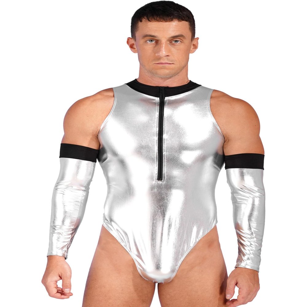 Eandarui Mens Astronaut Costume Space Suit Shiny Bodysuit Jumpsuit Cosplay Dress Up Outfit Clubwear Silver 3X-Large