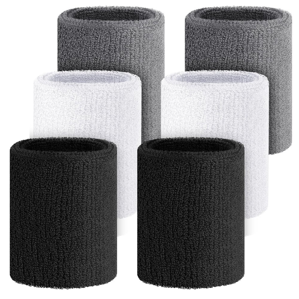 Wettarn 6 Pcs 4 Inch Cotton Elastic Arm Sweatbands - Black, White, Gray (Hiking, Cycling, Tennis, Gymnastics, Basketball, Football, Running)