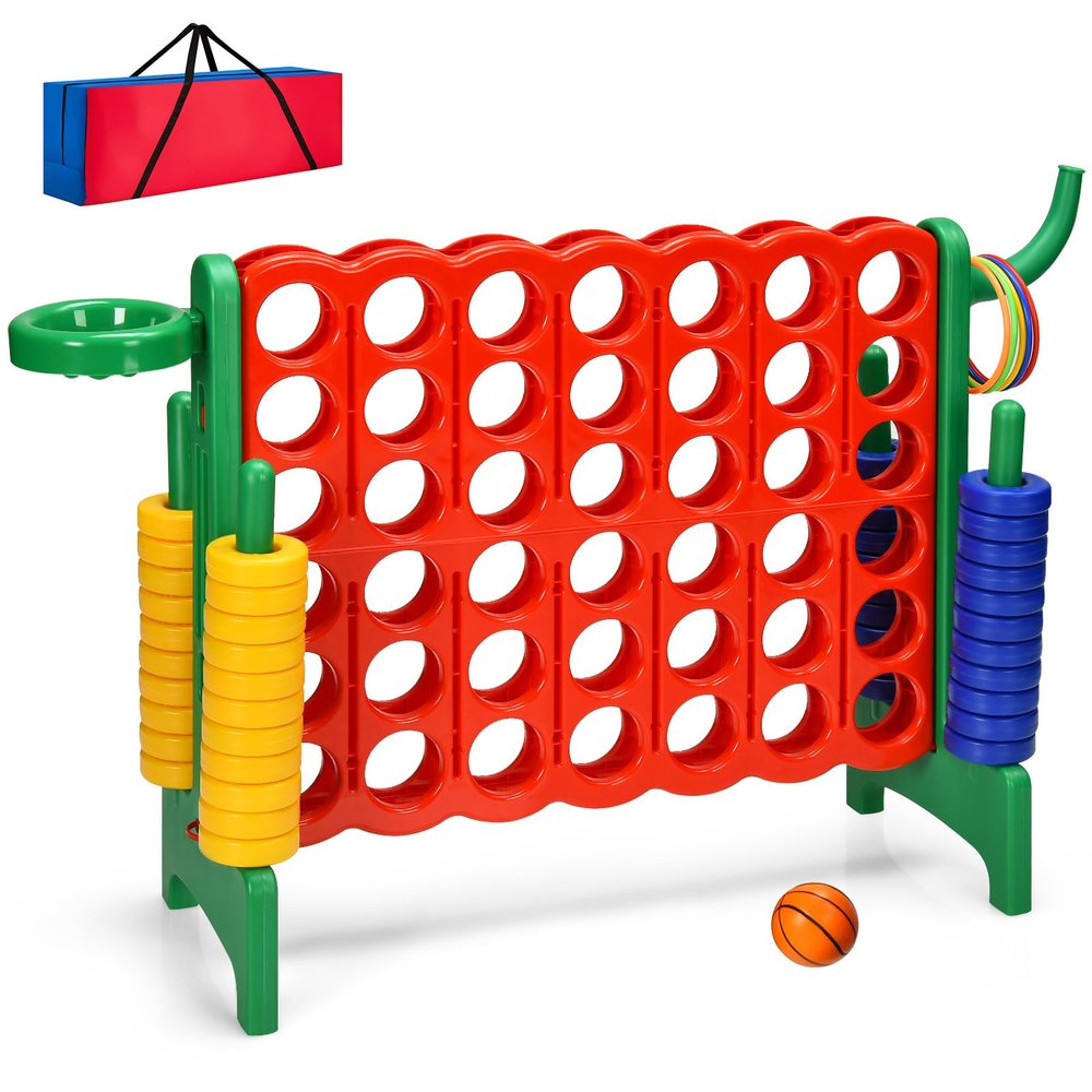 KOTEK Giant 4-in-a-Row Game, Jumbo 4-to-Score Family Game w/Quick-Release Sliders, 42 Rings, Ring Toss & Basketball Hoop, Connect Yard Games Outdoor for Kids & Adults (with Carrying Bag, Green)