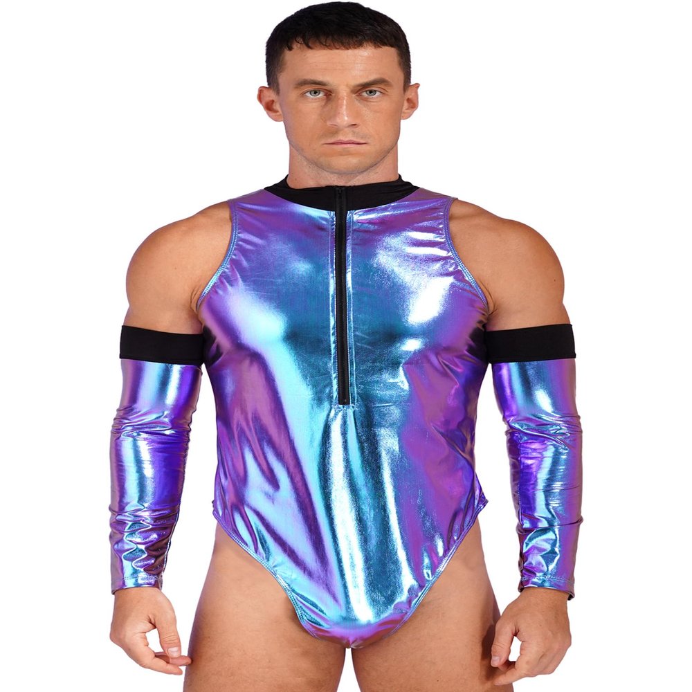 Eandarui Mens Astronaut Costume Space Suit Shiny Bodysuit Jumpsuit Cosplay Dress Up Outfit Clubwear Colorful XX-Large