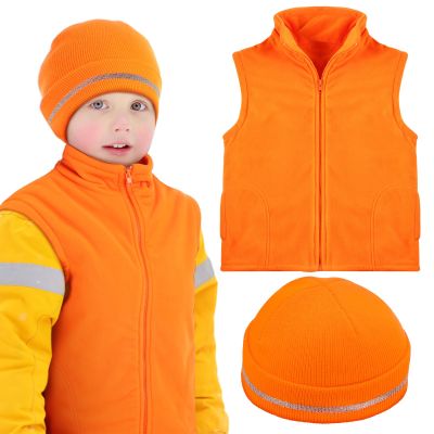 Haull 2 Pcs Kids Hunting Orange Fleece Vest and Beanie Set Orange High Visibility Reflective Hunting Safety Vests (Medium)