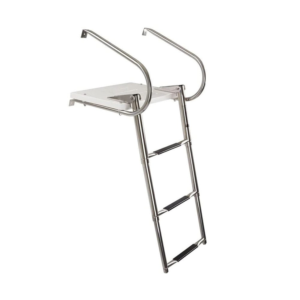 3 Step Boat Ladder Stern Mount Rubber Step Marine Boat Folding Ladder Stainless Steel Telescopic Boat Ladder with Mounting Screws and Fiberglass Swim Platform