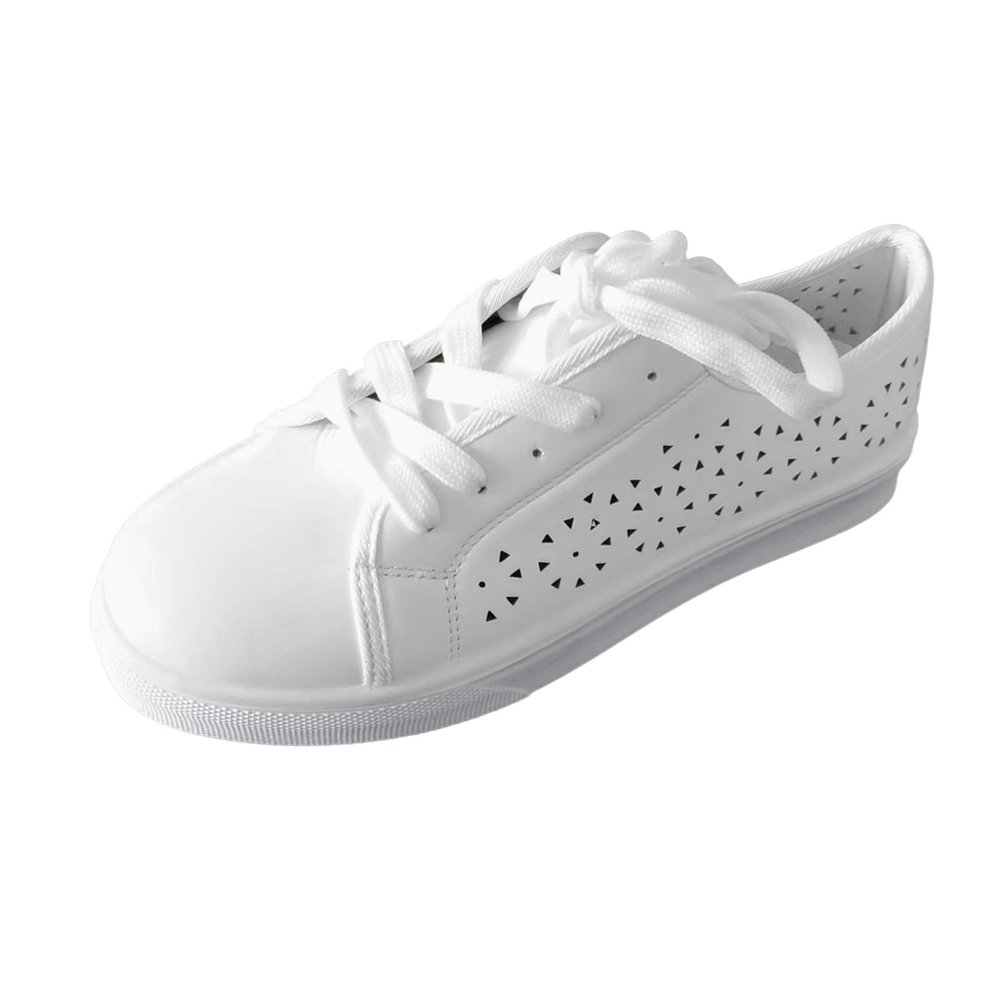Womens Shoes Low Top Lace Up PU Sneakers Casual Fashion Running Lightweight Breathable Low Cut Comfortable Leather Shoes for Walking White