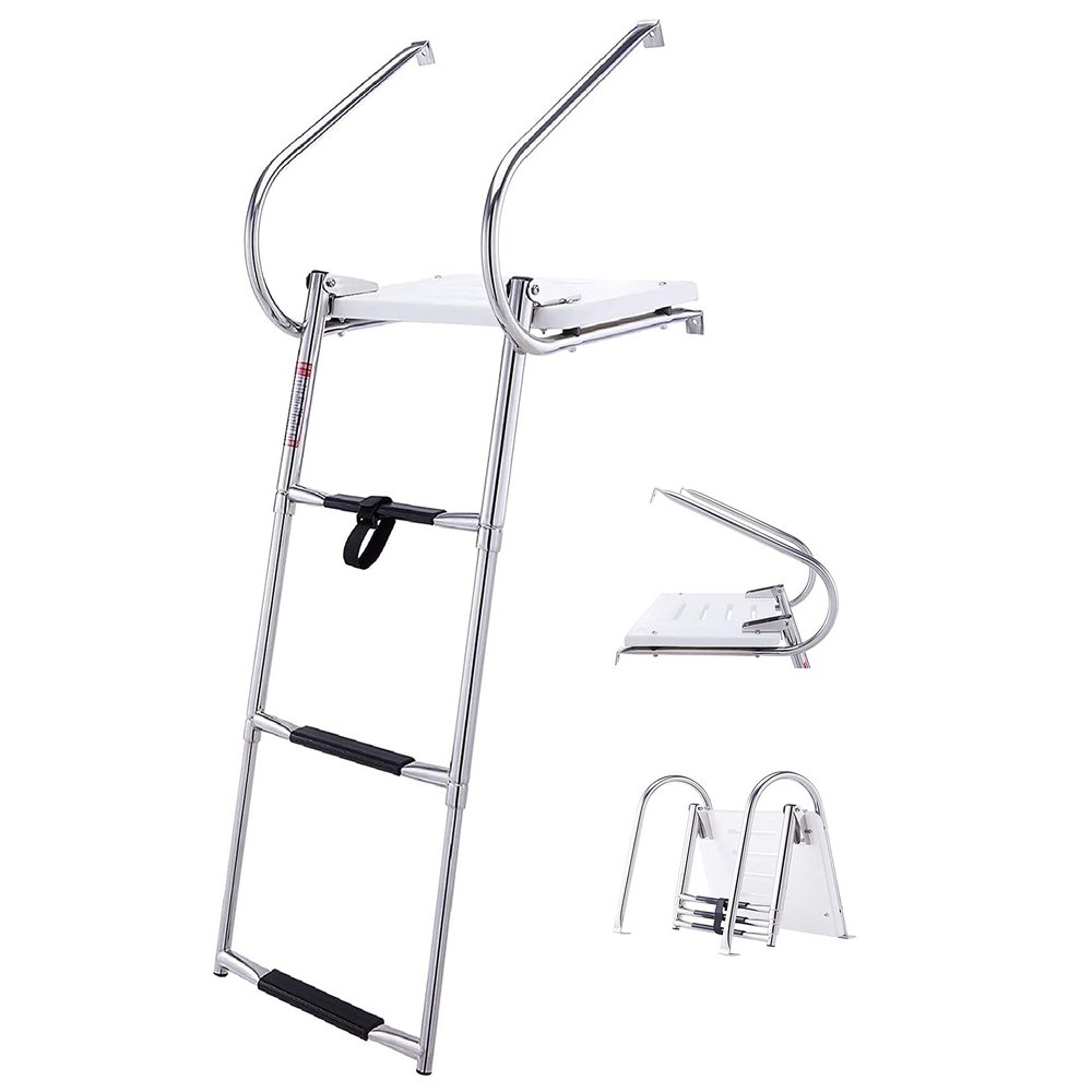 Universal Swim Platform,3 Step Collapsible Pool Ladder,Telescoping Boat Ladder with Stainles Steel Construction & Fiberglass Platform,with 2 Handrails