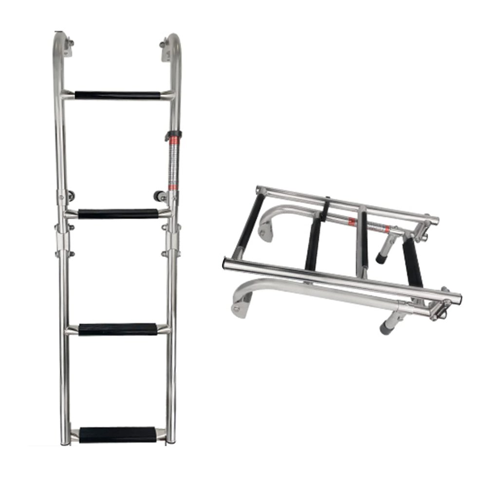 3/4 Steps Pontoon Boat Ladder Stainless Steel Portable Folding Outboard Ladder 2+1/2 Steps Ladder Stern Mount with Wide Pedals