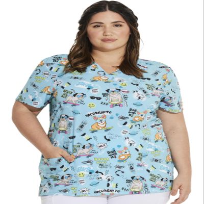 Dickies EDS Women Scrubs Top V-Neck Print DK717, S, Never Stop Rollin'