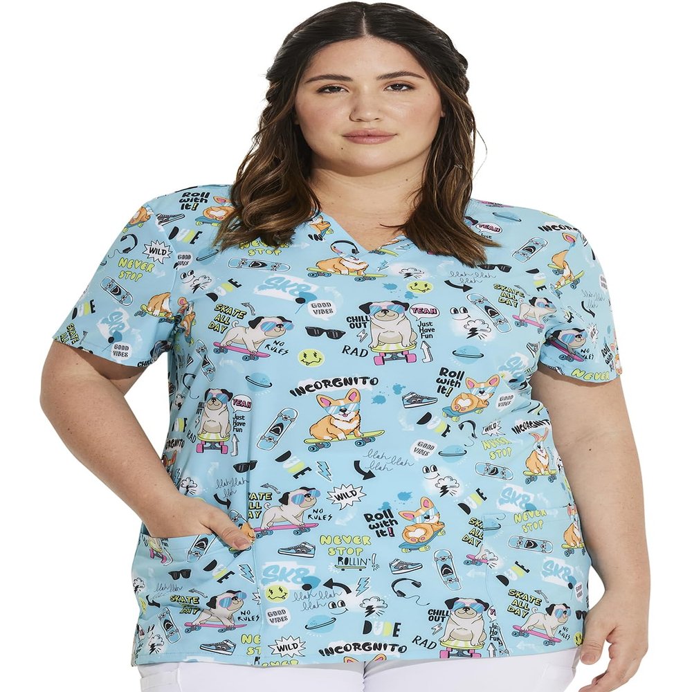 Dickies EDS Women Scrubs Top V-Neck Print DK717, S, Never Stop Rollin'
