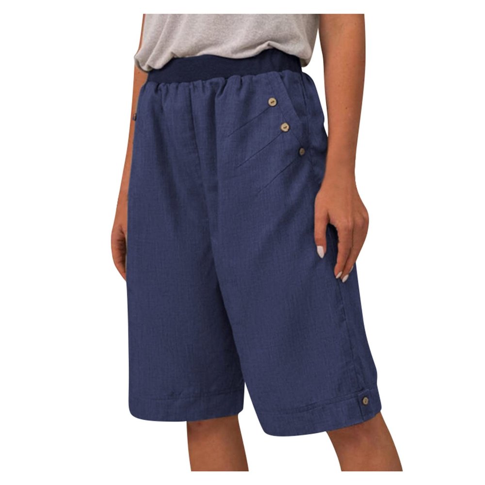 WABEOR Cotton Linen Bermuda Shorts for Women Knee Length Wide Leg Long Shorts Plus Size Elastic Waist Casual Summer Shorts