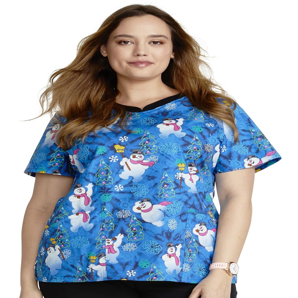 Tooniforms Women Scrubs Top V-Neck Print TF671, M, Fun Frosty