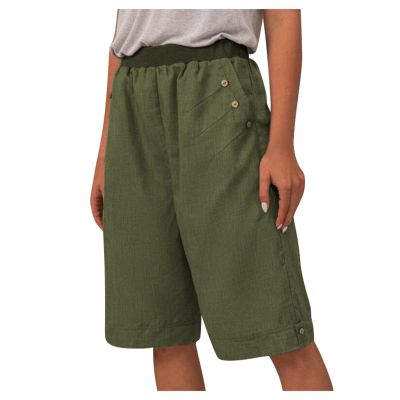 WABEOR Cotton Linen Bermuda Shorts for Women Knee Length Wide Leg Long Shorts Plus Size Elastic Waist Casual Summer Shorts