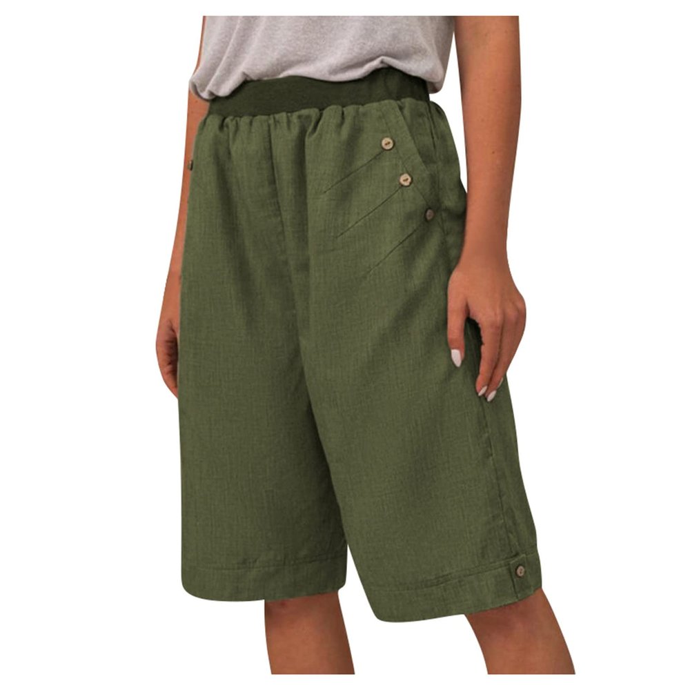 WABEOR Cotton Linen Bermuda Shorts for Women Knee Length Wide Leg Long Shorts Plus Size Elastic Waist Casual Summer Shorts