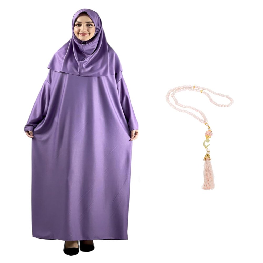 Modish Group Women Prayer Clothes with Hijab Muslim Outfits Long Robe Abaya Turkish Islamic Dresses Dubai Kaftan with Rosary (Lilac, One Size)