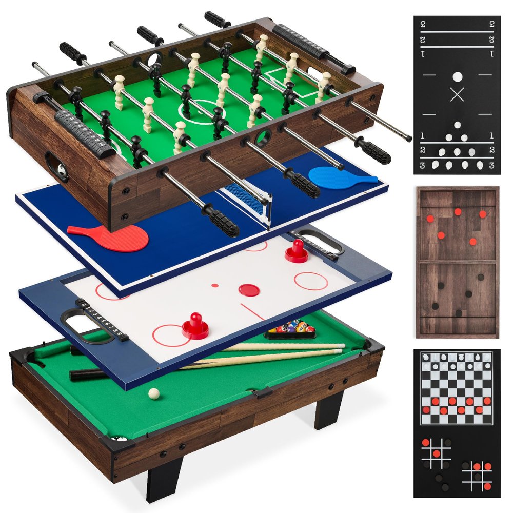Best Choice Products 11-in-1 Kids Combo Game Table Set w/Ping Pong, Foosball, Air Hockey, Shuffleboard, Bowling, 5 Accessory Bags - Dark Wood