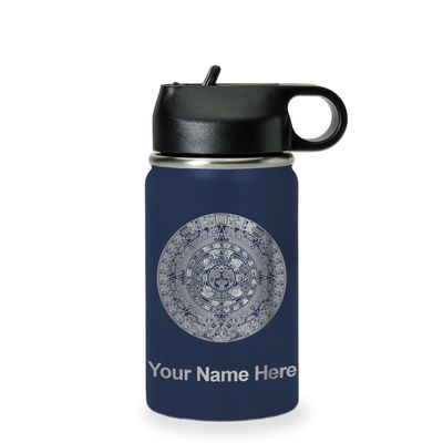 LaserGram Personalized Water Bottle, Aztec Calendar, Stainless Steel Double Wall Vacuum Insulated with Flip Top Straw, Custom Engraved Gift (12oz / 335ml Navy Blue)