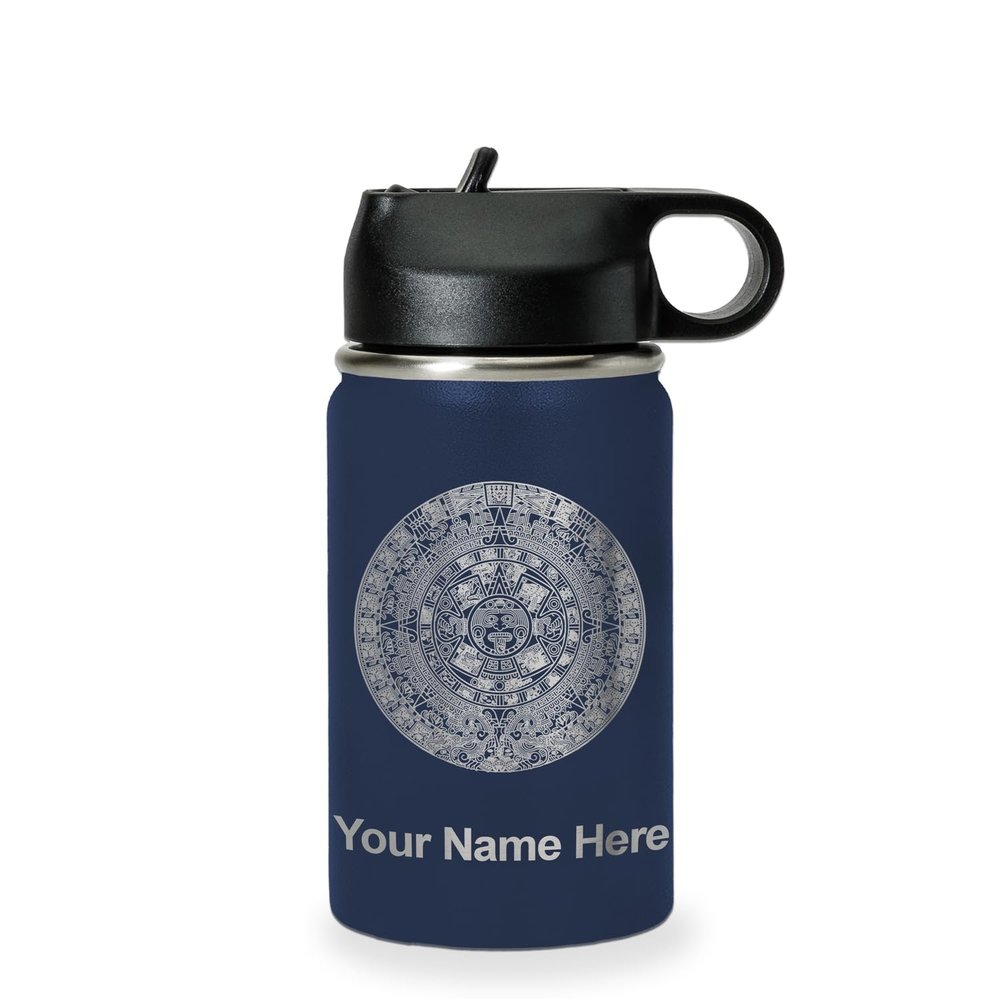 LaserGram Personalized Water Bottle, Aztec Calendar, Stainless Steel Double Wall Vacuum Insulated with Flip Top Straw, Custom Engraved Gift (12oz / 335ml Navy Blue)