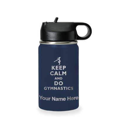 LaserGram Personalized Water Bottle, Keep Calm and Do Gymnastics, Stainless Steel Double Wall Vacuum Insulated with Flip Top Straw, Custom Engraved Gift (12oz / 335ml Navy Blue)