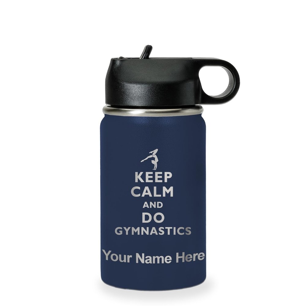 LaserGram Personalized Water Bottle, Keep Calm and Do Gymnastics, Stainless Steel Double Wall Vacuum Insulated with Flip Top Straw, Custom Engraved Gift (12oz / 335ml Navy Blue)
