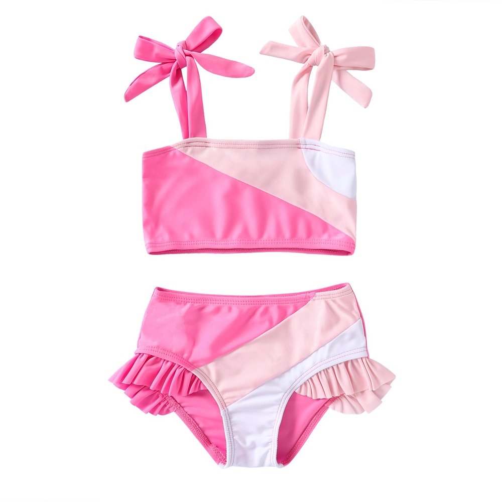 YOUNGER TREE Toddler Girls Two Pieces Swimsuit Color Block Stripe Swimwear Summer Beach Bathing Suit (S Red 18-24 Months)