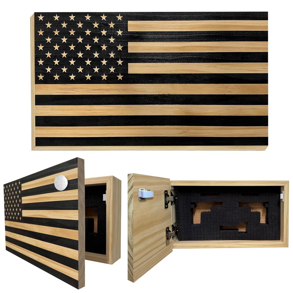 American Flag Hidden Gun Safe - Quick Access Hidden Gun Shelf - Concealment Shelf with Magnetic Lock - Wall Gun Safe for Secure Firearm Storage - Handcrafted In USA by Bellewood Designs (Carbon Gray)