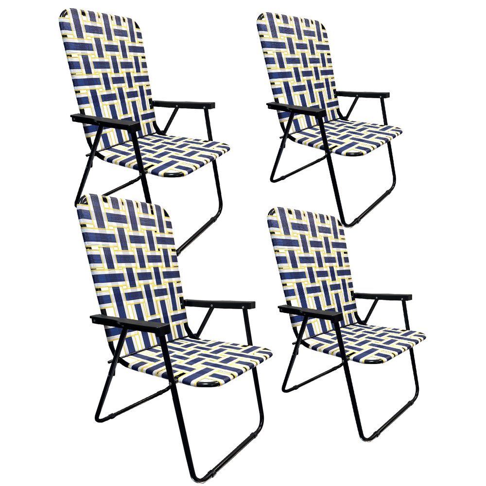Lawn Chair Folding Steel Webbing Chaise Patio Lounger Seat Wood Handles Great for Camping, Beach, Fishing, Backyard, Stadium, Pool, Boating, and Sports 4 Pack Blue/Yellow