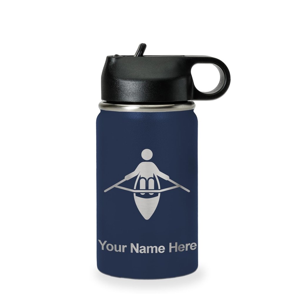 LaserGram Personalized Water Bottle, Adaptive Rowing, Stainless Steel Double Wall Vacuum Insulated with Flip Top Straw, Custom Engraved Gift (12oz / 335ml Navy Blue)