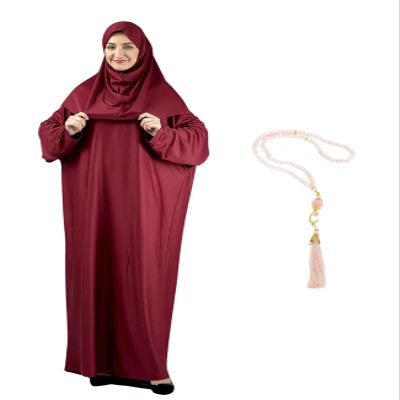 Modish Group Women Prayer Clothes with Hijab Muslim Outfits Long Robe Abaya Turkish Islamic Dresses Dubai Kaftan with Rosary (Burgundy, One Size)