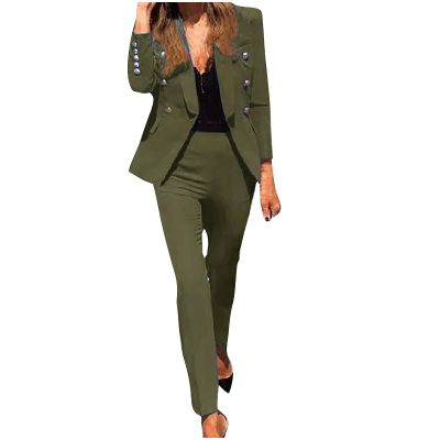 Business Suit Sets for Women Long Sleeve Solid Color Blazer & Long Pants Elegant 2 Piece Outfits with Pockets Army Green