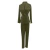 Business Suit Sets for Women Long Sleeve Solid Color Blazer & Long Pants Elegant 2 Piece Outfits with Pockets Army Green view 2