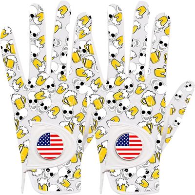 FINGER TEN Golf Gloves Men Right Handed Golfer Left Hand with Ball Marker 2 Pack Leather Breathable Comfortable Weathersof Grip Size Small Medium ML Large XL (White&Beer, Small(Worn on Left Hand))