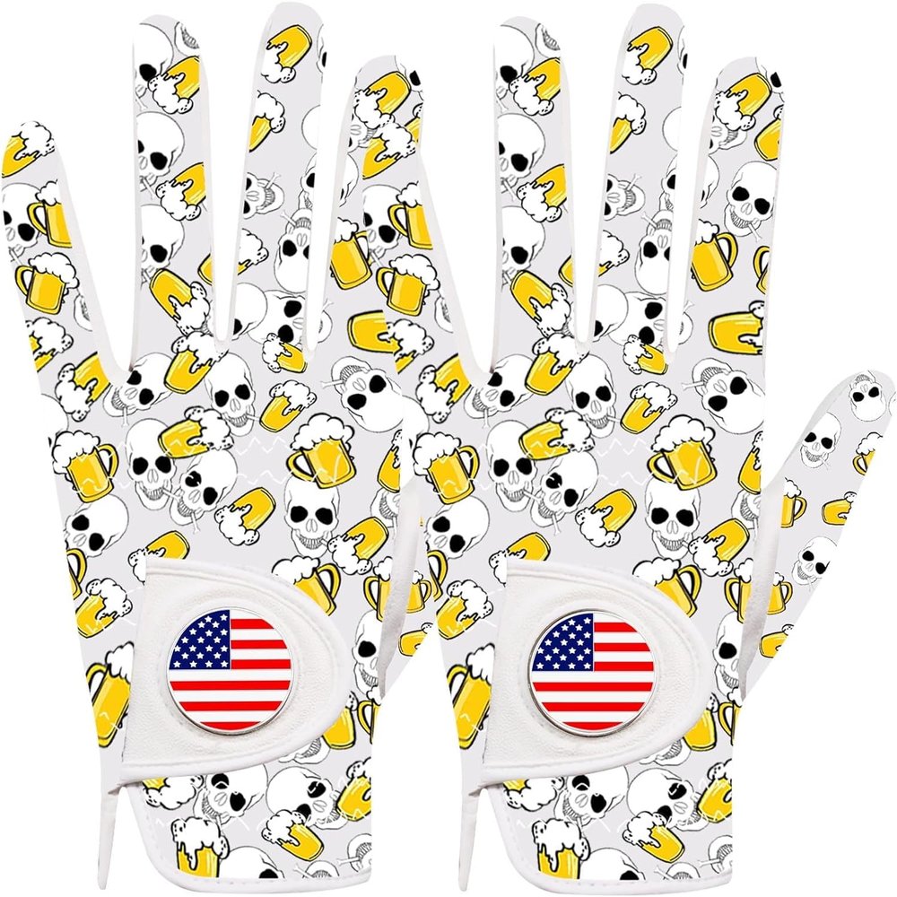 FINGER TEN Golf Gloves Men Right Handed Golfer Left Hand with Ball Marker 2 Pack Leather Breathable Comfortable Weathersof Grip Size Small Medium ML Large XL (White&Beer, Small(Worn on Left Hand))