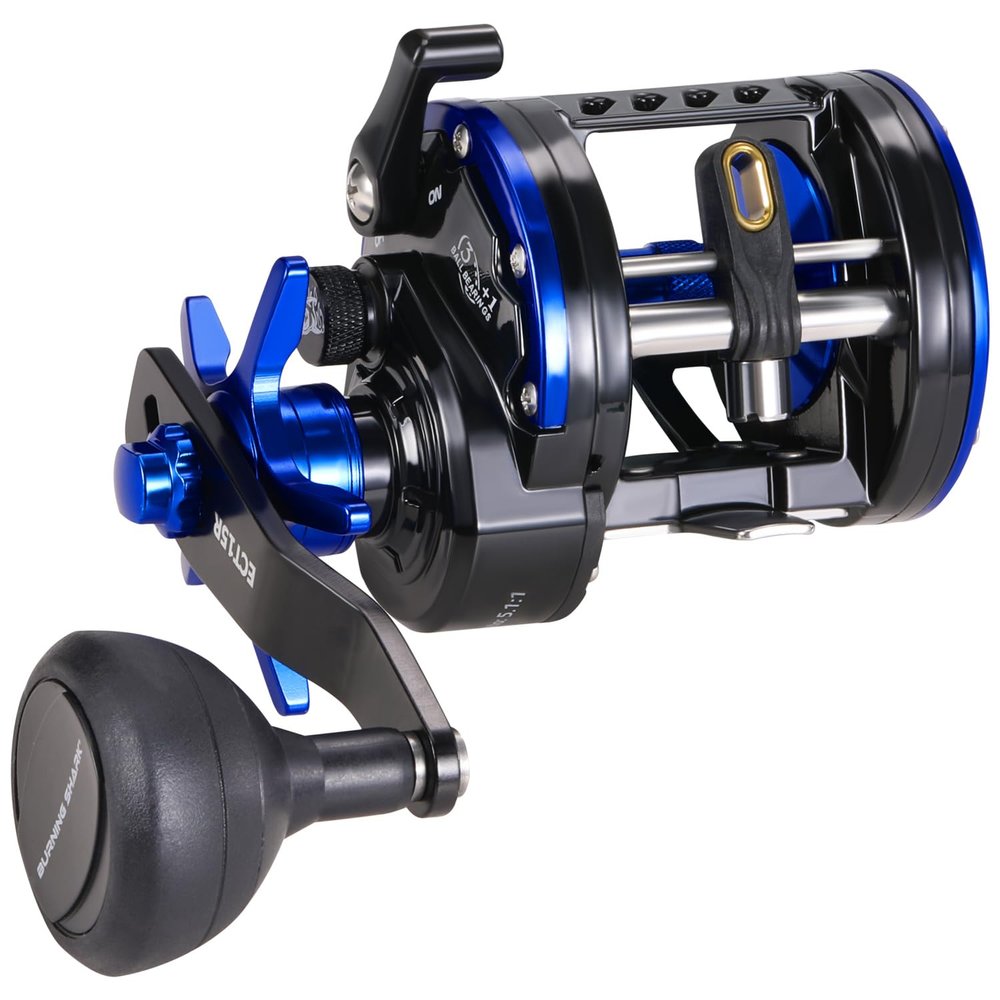 Burning Shark Fishing Reel Round Baitcasting Reel, Saltwater Inshore Surf Trolling Reel, Conventional Reel for Catfish, Musky, Bass, Pike -ECT15R, A:Size15- Right Hand- without Line Counter