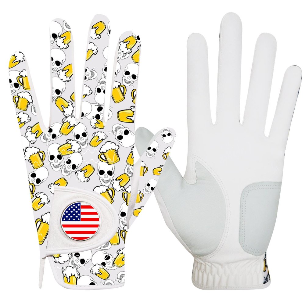 FINGER TEN Golf Gloves Men 1 Pack with Ball Marker for Left Hand Right, Stylish Patterns & Breathable Design for Comfortable All-Weather Grip, Golf Glove Sizes S M ML L XL (Beer, Small, Left)